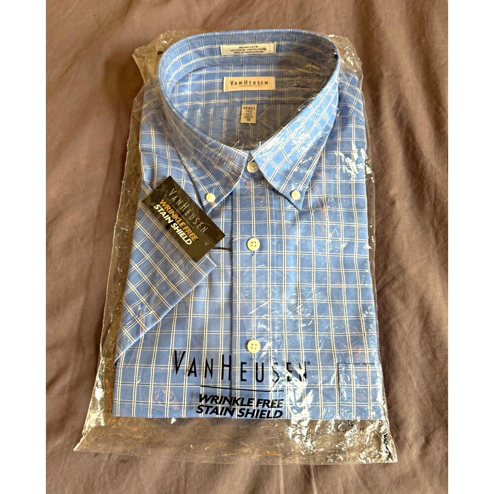 Vintage Van Heusen Mens 18 XXL Short Sleeve Blue Plaid Shirt Deadstock NWT